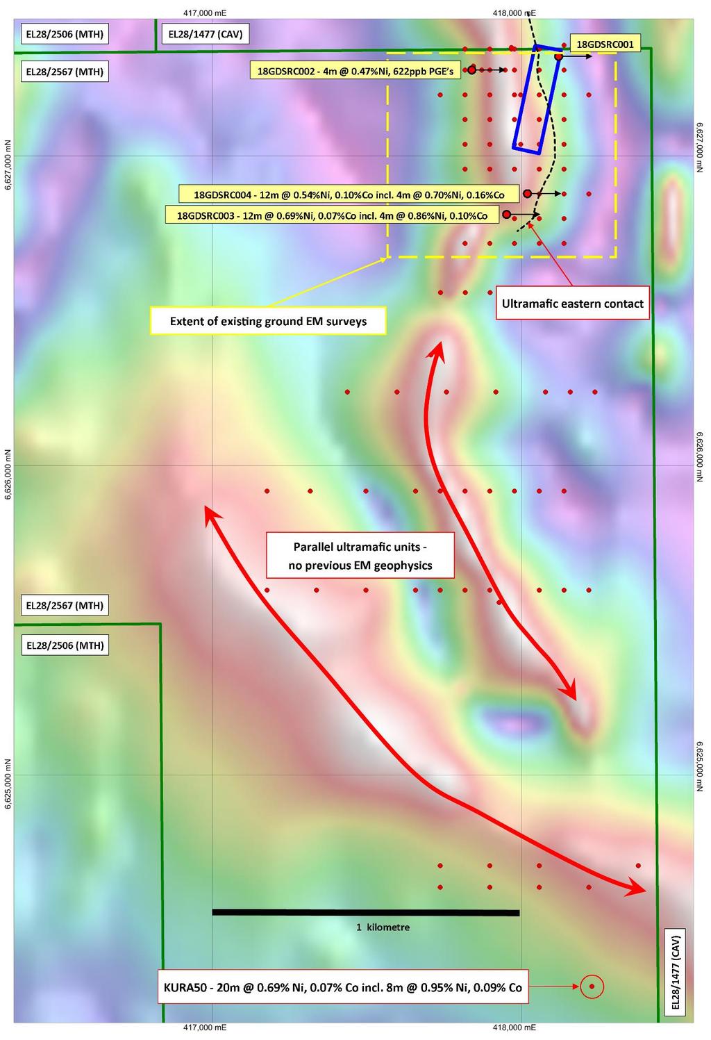 Figure 3: Kurnalpi Project northern target area showing priority down hole EM conductor plate (blue outline), extent of ground EM surveys and ultramafic