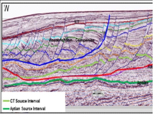 Deep water under-exploredoil play, Orange basin, South Africa Structures and Reservoirs prediction from 3D seismic: Outboard 3D seismic clearly definesthe large faulted antiformal
