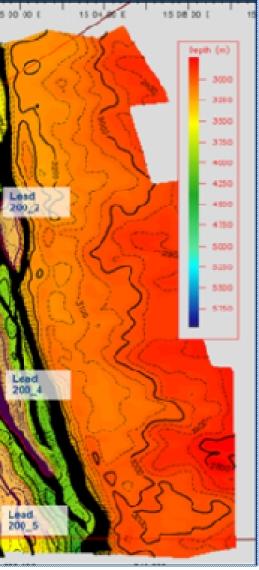 Figure 6: 3D PSTM section showing the structural elements in the deep water orange basin Figure 8: Seismic attribute (windowed RMS 80ms +/-) showing the geomorphologies in the Cenomanian