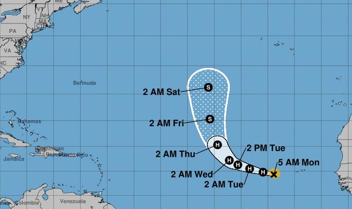Atlantic Hurricane Helene (CAT 1) Located 305 miles W of the southernmost Cabo Verde Islands Moving WNW at 17 mph; maximum sustained winds 85 mph Expected to resume strengthening today Weakening is