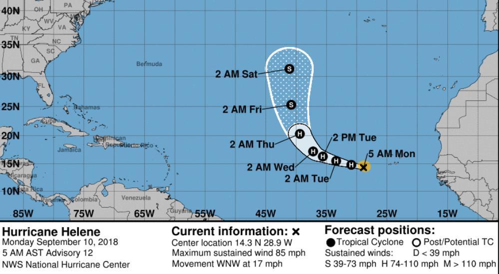 Tropical Outlook Atlantic Hurricane Helene (CAT 1) (Advisory #12 as of 5:00 a.m.