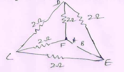 20. A potential difference of 2 Volt is applied between the points A and B shown in the network drawn in the figure.