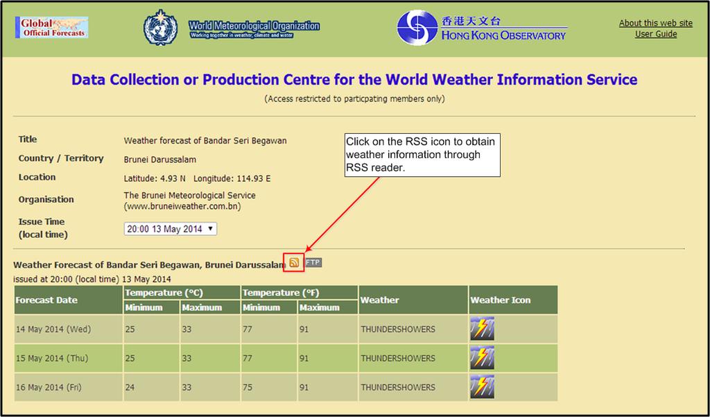 The weather information is also available in RSS document. The RSS document can be read using RSS reader. 2.
