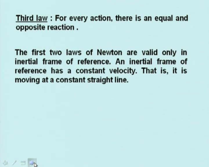 (Refer Slide Time: 16:10 min) Third law is that for every action there is an equal and opposite reaction.