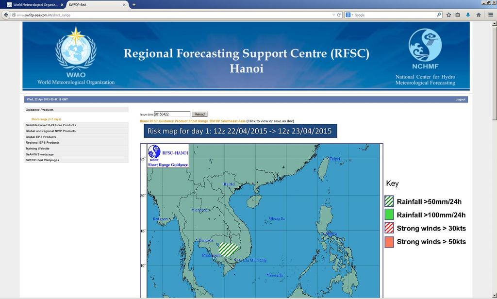 SWFDP Southeast Asia (RFSC Ha Noi web portal since 2011) 7 countries: Cambodia Lao PDR Viet Nam Philippines Thailand Regional Centres: RFSC Ha Noi (Lead centre) RSMC Tokyo (typhoon forecast support)