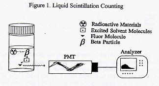 The figure above provides a graphic illustration of the way (the steps) the emitted radiation from the radioactive sample interacts with the liquid scintillation fluid to produce a light flash