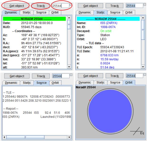 which is a NORAD number of International Space Station (ISS). Data menu window sections are further discussed. Figure 8.16 - Data menu sections.