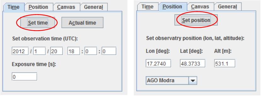 Figure 8.4 - Submenus 'Time' (left) and 'Position' (right) are part of setting menu on main window.