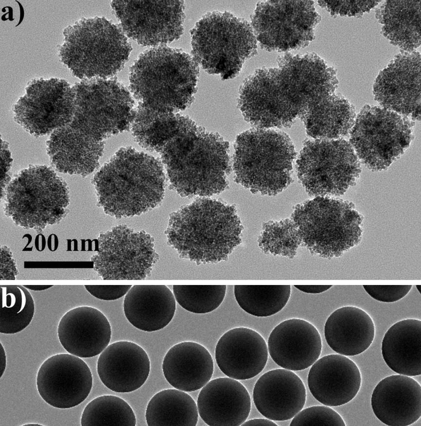 Figure S11. TEM images of (a) the Fe3O4 spheres capped with citrate groups prepared by aging a solution of FeCl3 6H2O (3.
