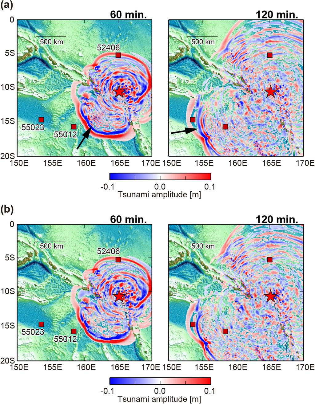 Miyoshi et al. Earth, Planets and Space (2015) 67:4 Page 5 of 7 Figure 3 Snapshots of tsunami propagation at the elapsed time of 60 and 120 min. (a) Dispersive model and (b) non-dispersive model.