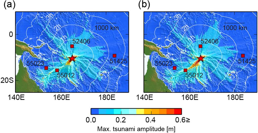 Miyoshi et al. Earth, Planets and Space (2015) 67:4 Page 6 of 7 Figure 4 Distribution of the maximum tsunami amplitude. (a) Dispersive model and (b) non-dispersive model.