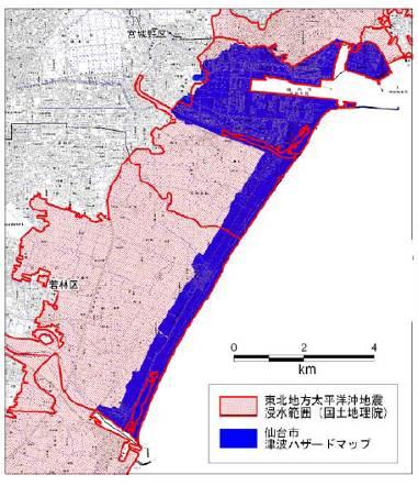 Sendai: Tsunami Hazard map (blue area) and actual inundation area