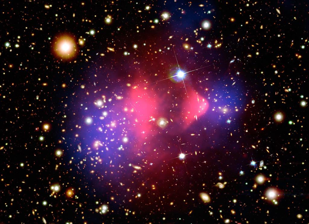 Fact sheet: Composite image of the galaxy cluster 1E 0657-56, better known as the Bullet cluster, which was formed after the collision of two large clusters of galaxies.