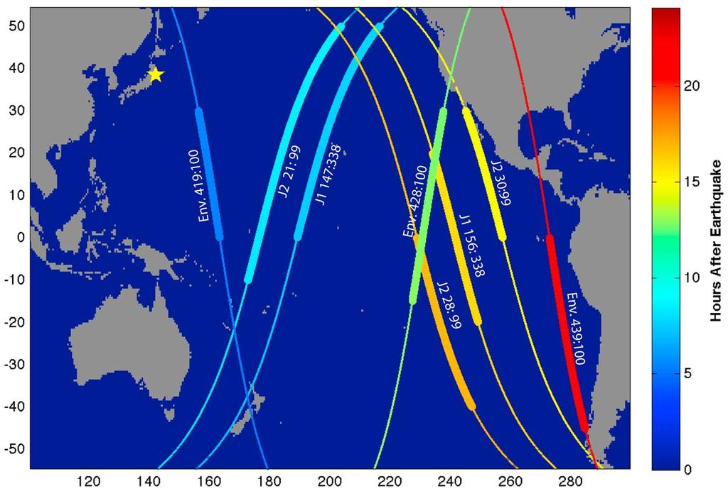Figure 1. Satellite altimeter passes of Jason-1, Jason-2 and Envisat that overflew the tsunami wave field on March 11th, 2011.