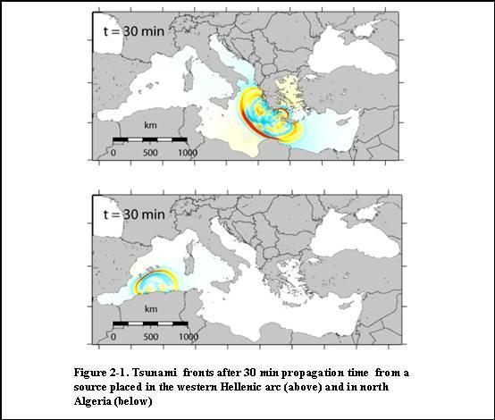 With the aid of the illustrative examples of Figure 2-1 giving the tsunami fronts calculated from two hypothetical earthquake sources placed in the western Hellenic Arc in Greek waters and in north
