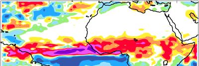 The geographic distribution of difference in June-October mean precipitation (mm month -1 ) compared to the control simulation using means from 10-member