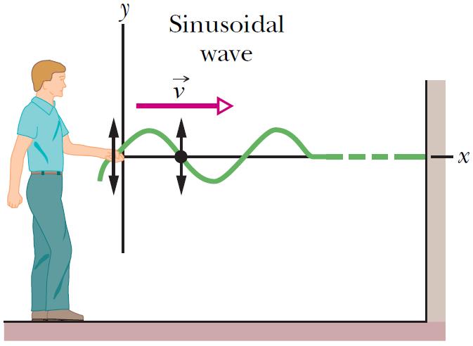 2. Transverse and Longitudinal Waves If you move one end of a stretched wire up and down in a continuous SHM, a continuous sinusoidal wave travels along the string at velocity v.