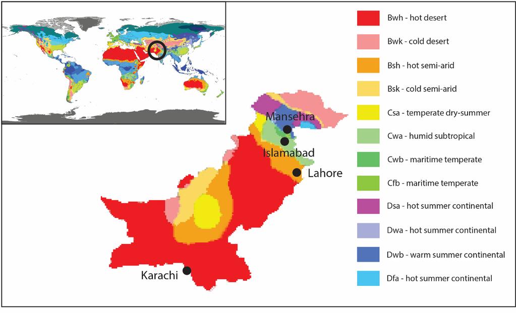 5 Figure 2.1: Map of Pakistan showing its climatic zones according to Köppen classification and the location of the four cities studied. Figure modified from figure by Peel et al. (2007).