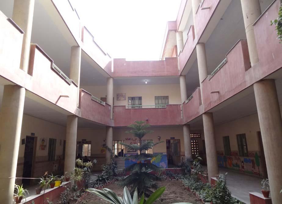 These verandahs work as corridors and the classrooms are accessed from the verandahs. The courtyards provide light and air while the verandahs shade the courtyard-facing walls of the classrooms.