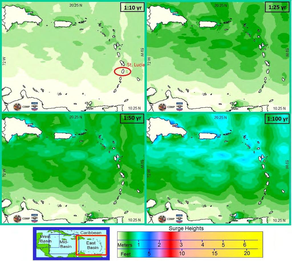 Figure 3-13 Maps of East Caribbean basin showing maximum storm surges which are most likely to occur (Maximum Likelihood Estimates, or MLEs) over four return periods: 10, 25, 50 and 100 years