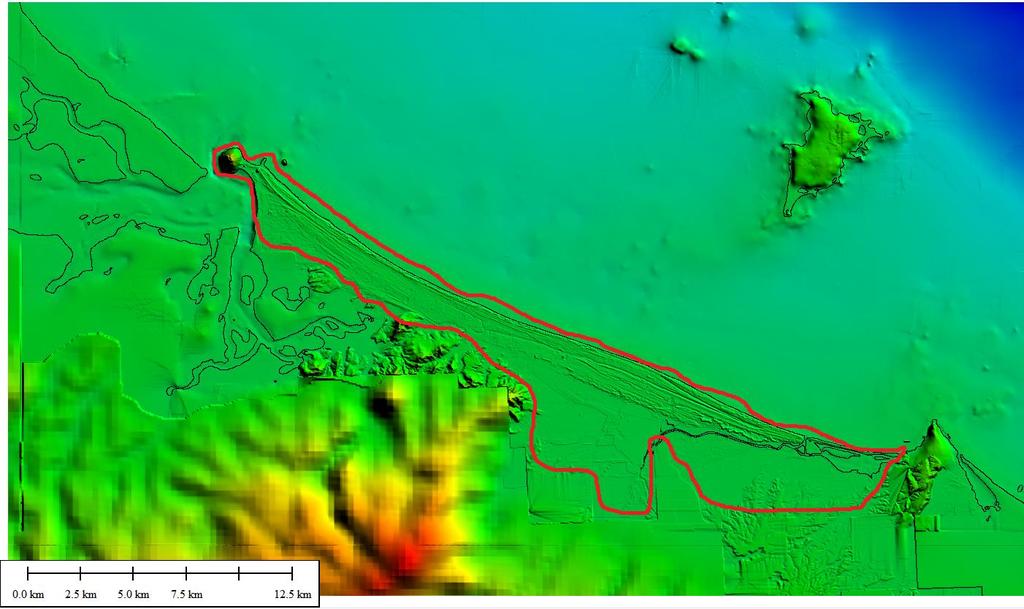 The topographical data and modelling results at the areas with LiDAR data coverage (inside red lines in Figure 3) are more reliable than the other areas without LiDAR coverage (outside red lines in