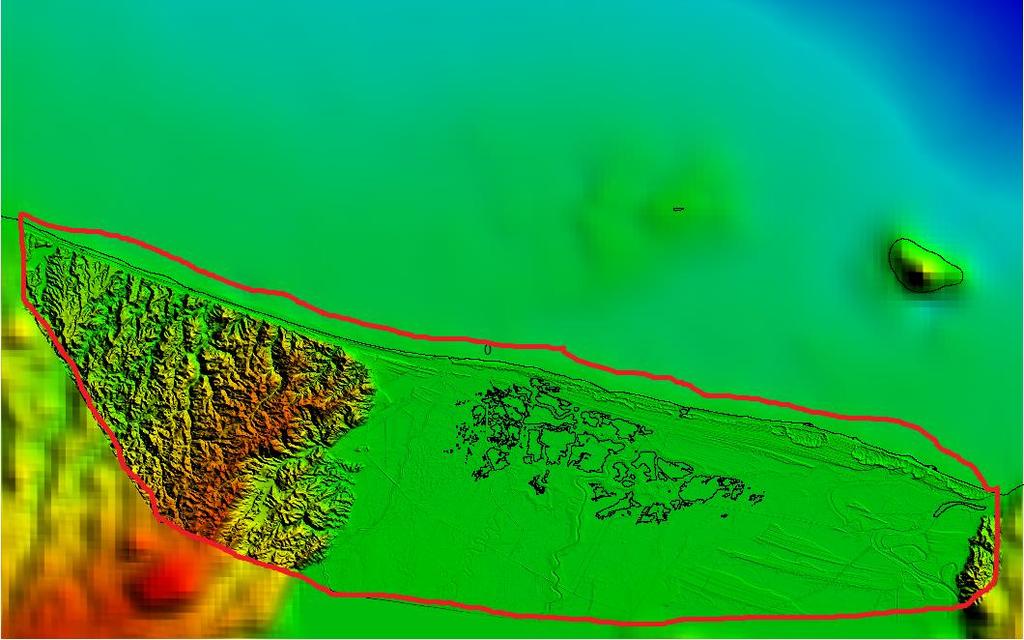 Figure 4 LiDAR data coverage in the modelled region of Matata. The red line outlines the area where the LiDAR data was used to model the topography and thus presents higher reliability.