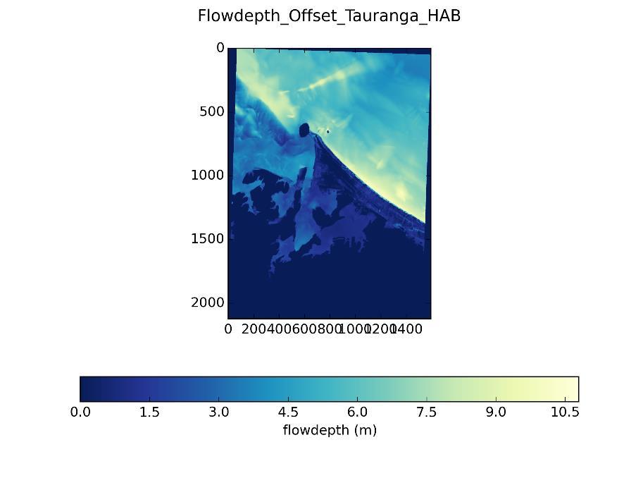 Mw 9.0 Kermadec-Hikurangi scenario, at MHWS: Figure 4.2 2 in the report Flowdepth_Offset_Tauranga_HAB.