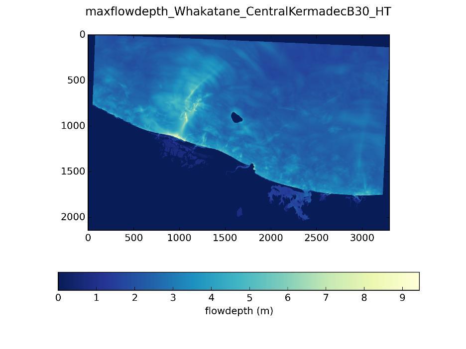 Mw 9.2 Central Kermadec scenario, at MHWS: Figure 4.3.2-3 in the report (same as above) maxflowdepth_centralkermaecb30_ht.