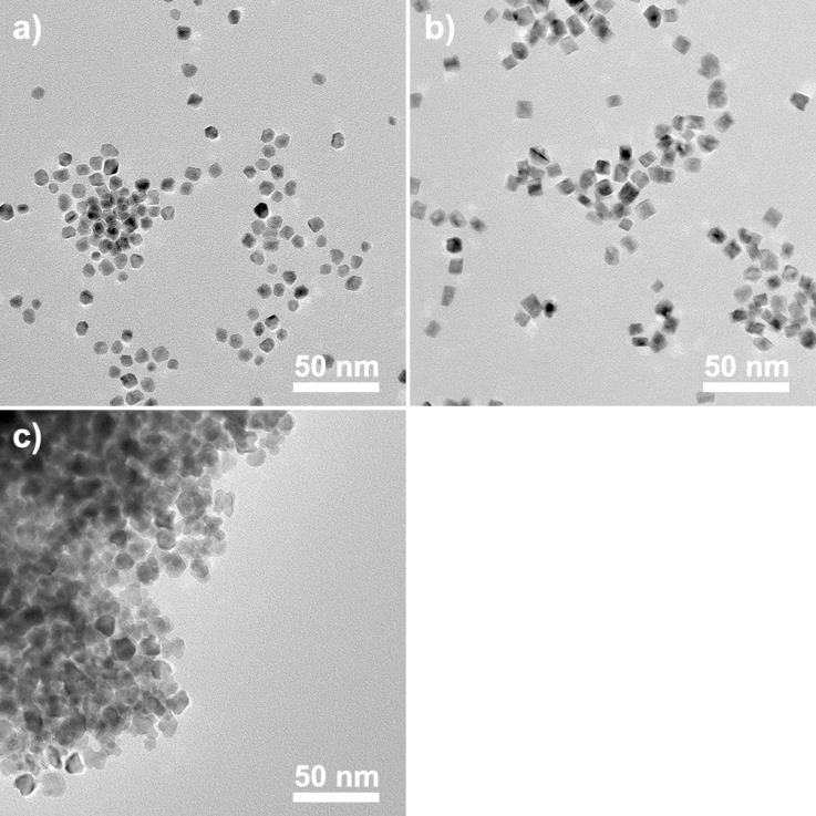 Figure S3. TEM images of PtPdRh nanocrystals synthesized by adjusting the concentrations of bromide and iodide ions: a) absence of KI and KBr; b) absence of KBr, and 0.