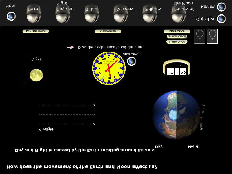 Day and Night indicator Earth rotates in time with the clock Move the hands on the analogue clock to set the time or use the auto function. Roman or Arabic numerals.