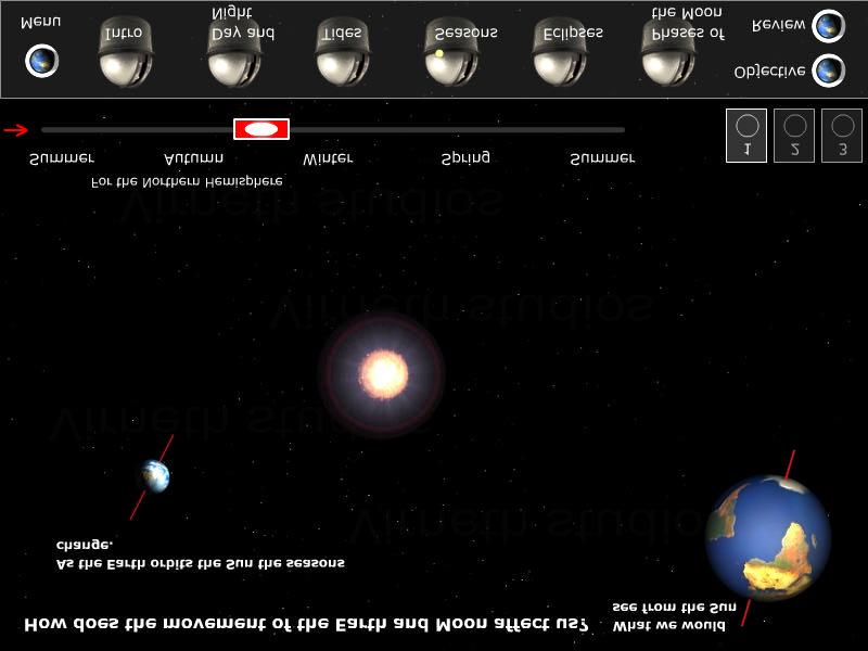 The Earth revolves around the Sun as the slider is moved The Earth as seen from the sun Move the slider to set the season In this interactive animation you can set the slider to the