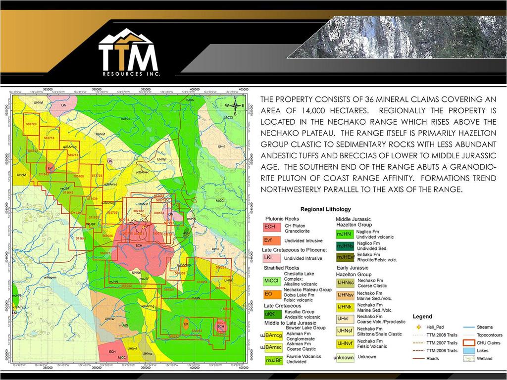 THE PROPERTY CONSISTS OF 36 MINERAL CLAIMS COVERING AN AREA OF 14,000 HECTARES. REGIONALLY THE PROPERTY IS LOCATED IN THE NECHAKO RANGE WHICH RISES ABOVE THE NECHAKO PLATEAU.