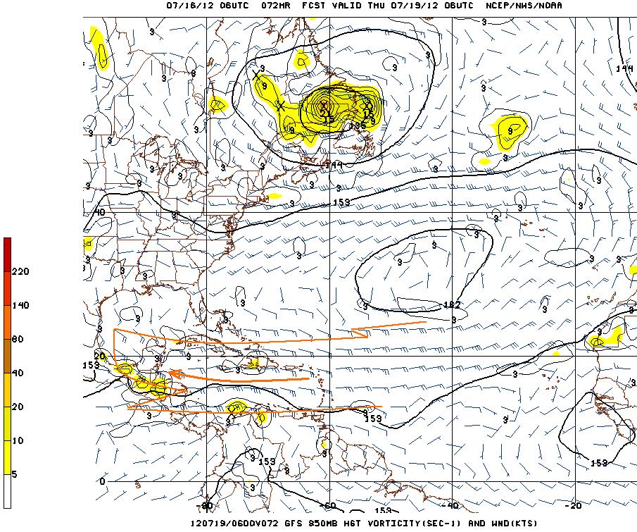 Fig. 5 GFS Model 72- hr vorticity projection at 5,000 ft level or 850 mb, valid for 12:00 am Thursday, July 19, 2012, showing vorticity maximum (or low pressure center) just south of Belize, with