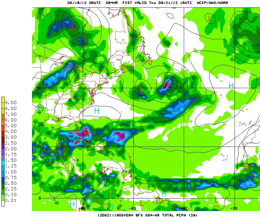 Figure 4 GFS model for daily rainfall totals ending 12:00 pm, Thursday, June 21, 2012, showing developing low over northern Yucatan with rainfall amounting to 1.00-2.00 over NW Belize.