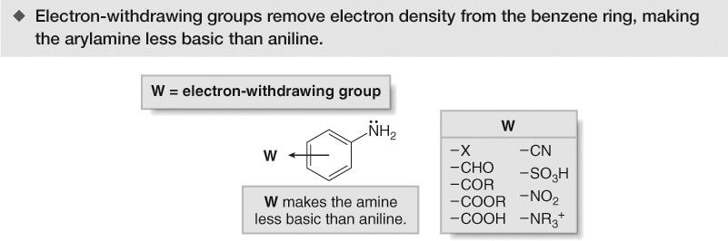 49 Amines as Bases Recall that whether a substituent donates or withdraws electron density depends on the balance of its inductive and
