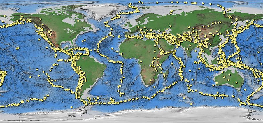 Observe the pattern of earthquakes (yellow dots) EQ in belts Mid-ocean