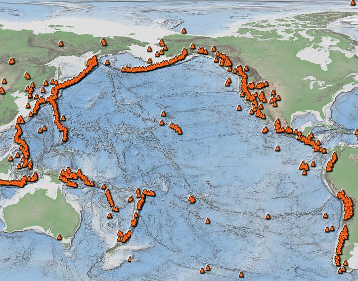 Observe the distribution of volcanoes around the Pacific Ring of