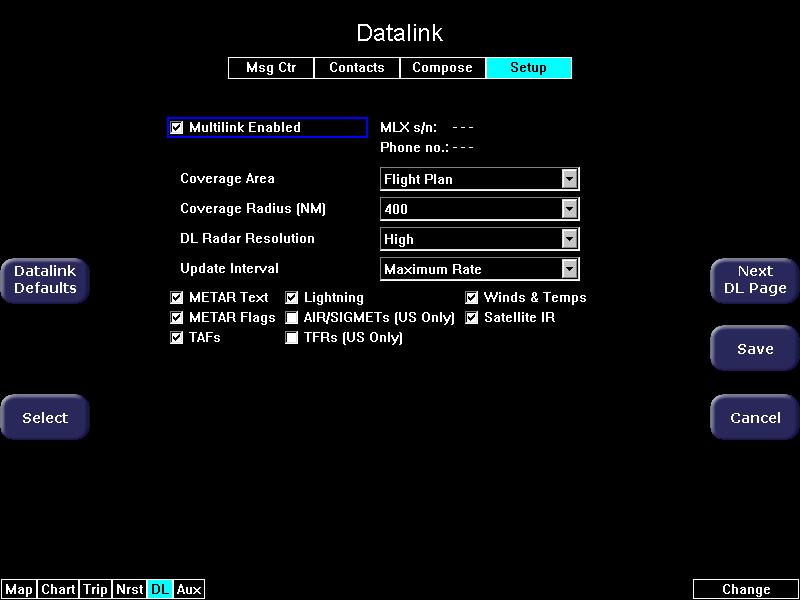 5.5 Setting Up Datalink for Iridium Datalink Setup Page The DL Setup page Datalink Defaults button changes all fields on the Datalink Setup page to their default value. To undo, press Cancel.