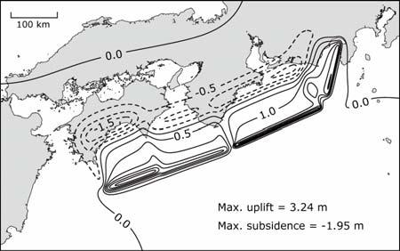 Table 1. Fault parameter of the 1707 Hoei earthquake (Annaka et al., 2003). Fault location is at northeast corner of each segment. Depth is measured from seafloor. Fig.3. Surface displacement of the 1707 Hoei earthquake (Annaka et al.