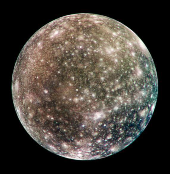 Ganymede is the largest moon in the solar system (5,263km in diameter). The surface has many fault lines, resembling a ploughed field.