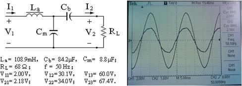 Fig. 8 Experiental circuit diagra, data and a wave for of a unitycoupled voltage type utual capacitor paraeter values, experiental conditions, easureent results and one of its wavefor records are