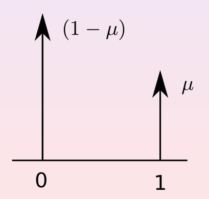 Bernoulli Distribution for x {0, 1} governed by µ [0, 1] such that µ = p(x