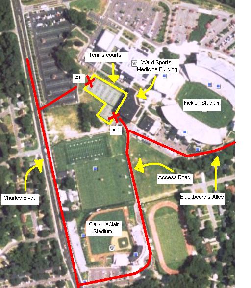 Tennis EAP: ECU Tennis Complex There are two main entrances/exits for emergency access to the Tennis Courts: #1: To access the west side of the tennis courts turn into the Lower Minges Parking Lot