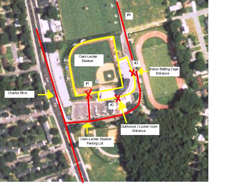 Baseball EAP: Clark- LeClair Stadium There is one main entrance/exit for emergency access to the Clark- LeClair Stadium field, and two main entrances to the stadium s indoor facilities: #1: The gate