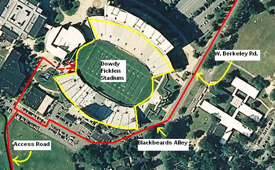 Football EAP: Dowdy- Ficklen Stadium There is one main entrance/exit for emergency access to Dowdy- Ficklen Stadium: #1: The dedicated EMS Crew is stationed with their equipment at the Southwest