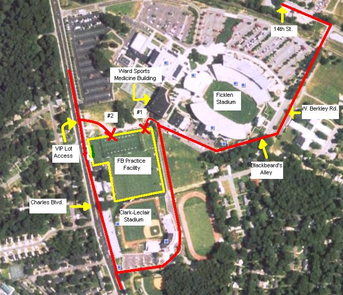 Football EAP: Cliff Moore Practice Facility There are three emergency entrances/exits to the football practice facility: #1: Entrance #1 is located directly across from Ward Sports Medicine Building