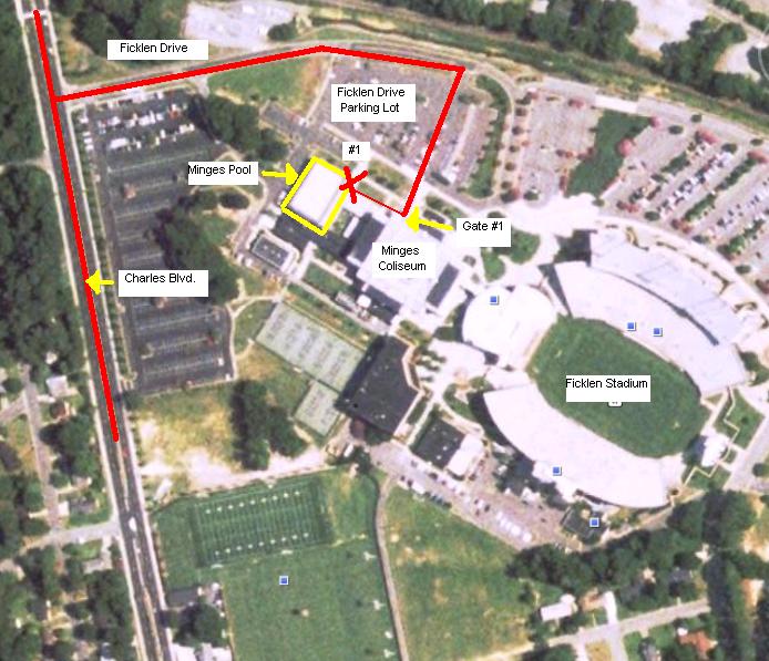 Swimming & Diving EAP: Minges Aquatic Center There is one main entrance/exit for emergency access to the Minges Pool: #1: To access Minges Pool turn onto Ficklen Drive from Charles Blvd.