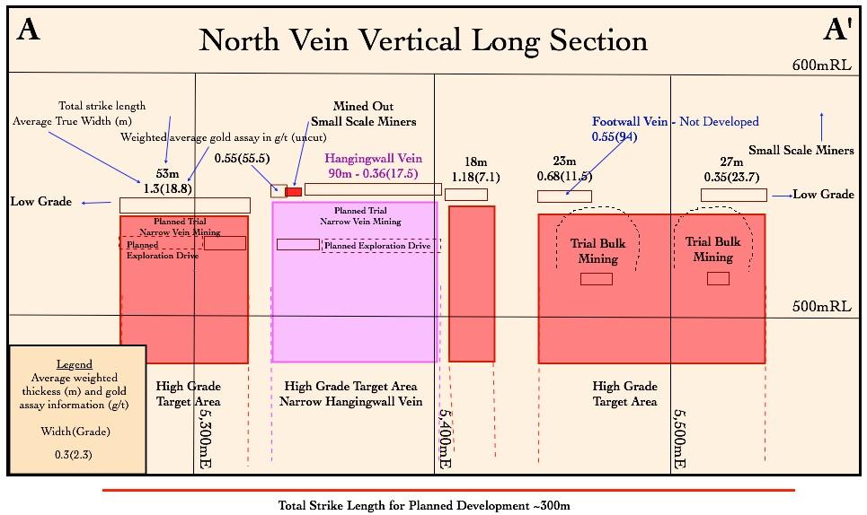 Each domain has a set of structures/narrow veins which are predominantly striking in an east-west orientation and are dipping steeply to south, at between 60 degrees and 90 degrees.