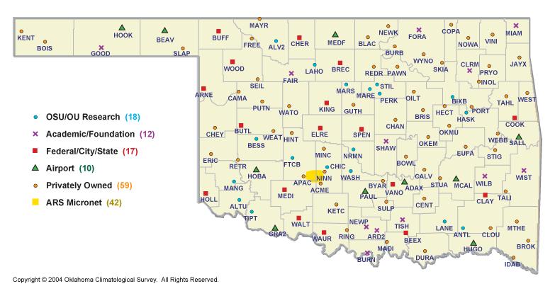 Figure 1. Map of Oklahoma Mesonet sites The maximum 2-year, 5-year, 10-year, 25-year, 50- year and 100-year maximum wind gust return periods were determined from the modeled distributions.
