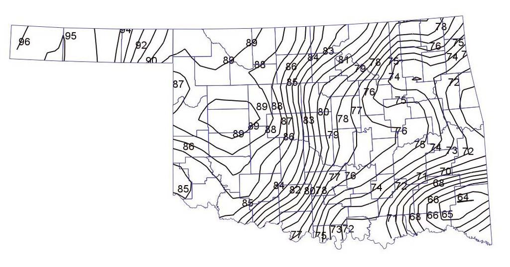 Figure 2. 10-year wind gust return map. Note the maximum in west-central Oklahoma. periods for wind gust maxima.